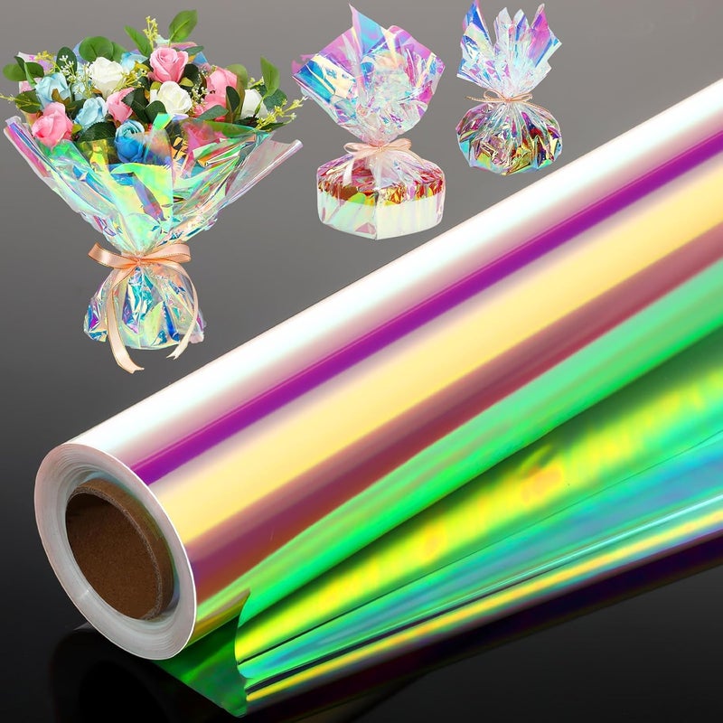 Seajan 32 in x 200 ft Iridescent Cellophane Wrap Roll, Rainbow Wrapping Paper Holographic Cellophane Wrap for Baskets Flower Bouquet DIY Treats Christmas Gifts Wrapping(Red and Golden Iridescence) - Image 1